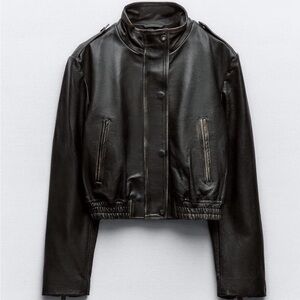 Zara Black/Brown Genuine Leather Bomber Pilots Jacket Size XS